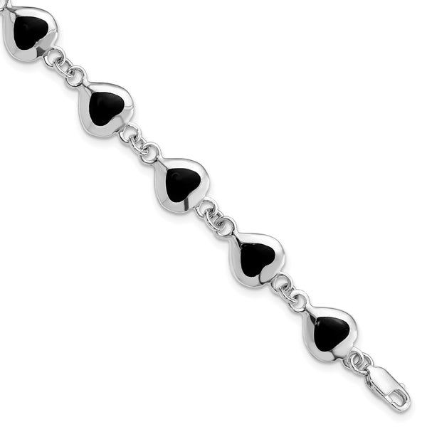 Sterling Silver Onyx 7" 9MM Heart Bracelet