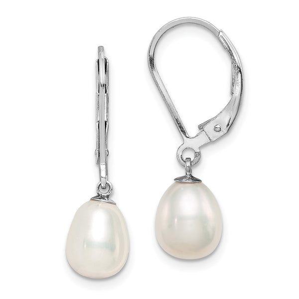 Sterling Silver 7X8MM Pearl 26X8MM Drop & Dangle Leverback Earrings