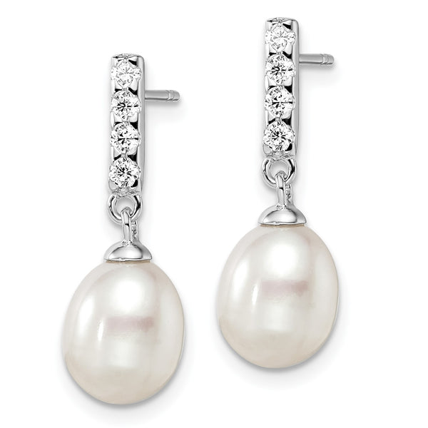Sterling Silver Pearl and Cubic Zirconia 24X9MM Drop & Dangle Earrings