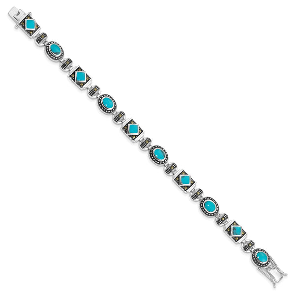 Sterling Silver Turquoise and Marcasite 7" 7.5MM Bracelet