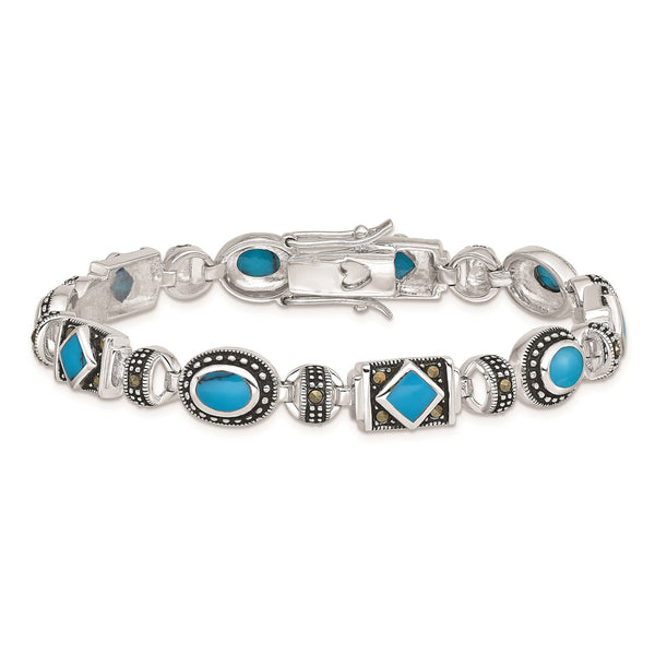 Sterling Silver Turquoise and Marcasite 7" 7.5MM Bracelet