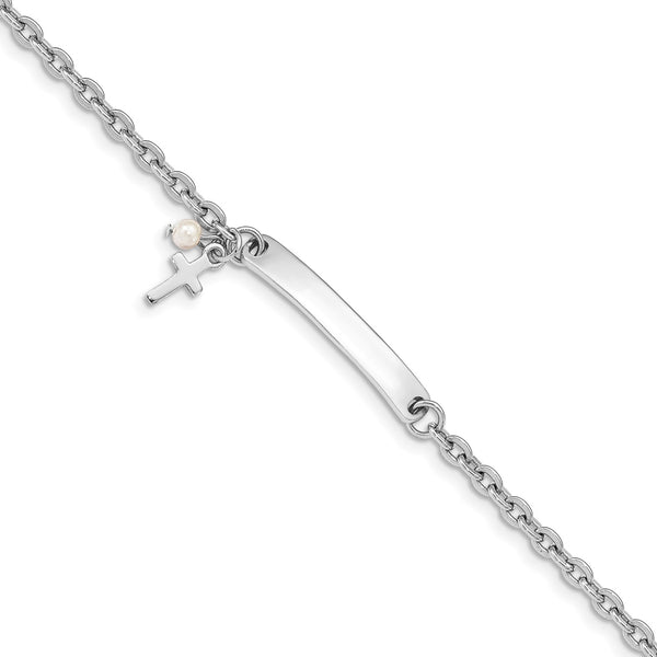 Sterling Silver and Pearl 7" Cross ID Bracelet