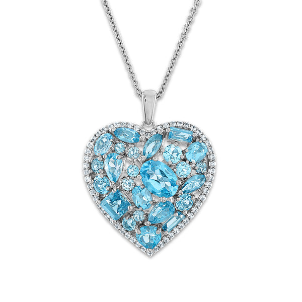 Swiss Blue Topaz and White Sapphire Heart 18" Pendant in Sterling Silver