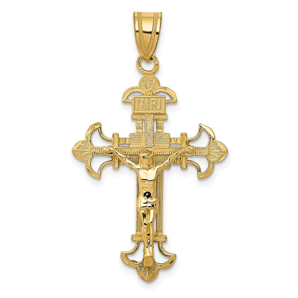 14KT Yellow Gold 39X22MM Fleur De Lis Crucifix Cross Pendant-Chain Not Included