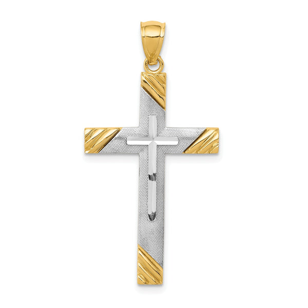 14KT White and Yellow Gold 38X19MM Cross Pendant-Chain Not Included