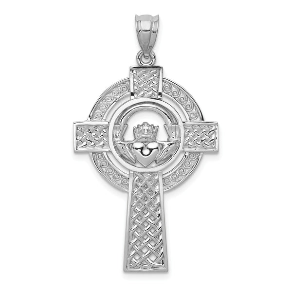 14KT White Gold 40X22MM Claddagh Cross Pendant-Chain Not Included