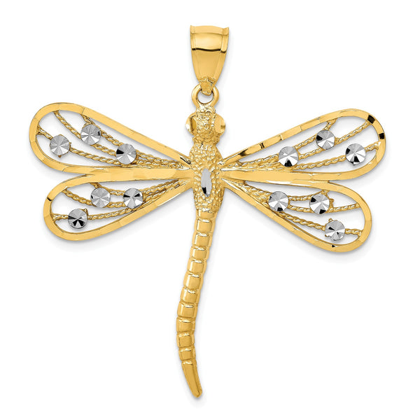 14KT Yellow Gold With Rhodium Plating 42X41MM Diamond-cut Dragonfly Pendant-Chain Not Included