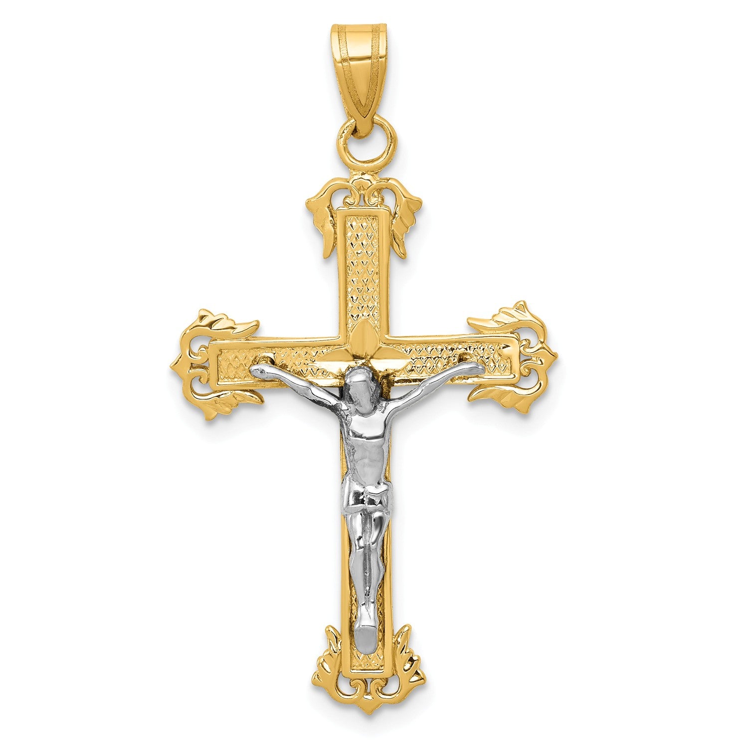 14KT White and Yellow Gold 40X22MM Diamond-cut Crucifix Cross Pendant. Chain Not Included