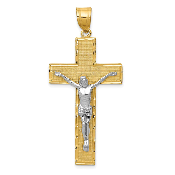 14KT White and Yellow Gold 54X24MM Diamond-cut Crucifix Cross Pendant-Chain Not Included