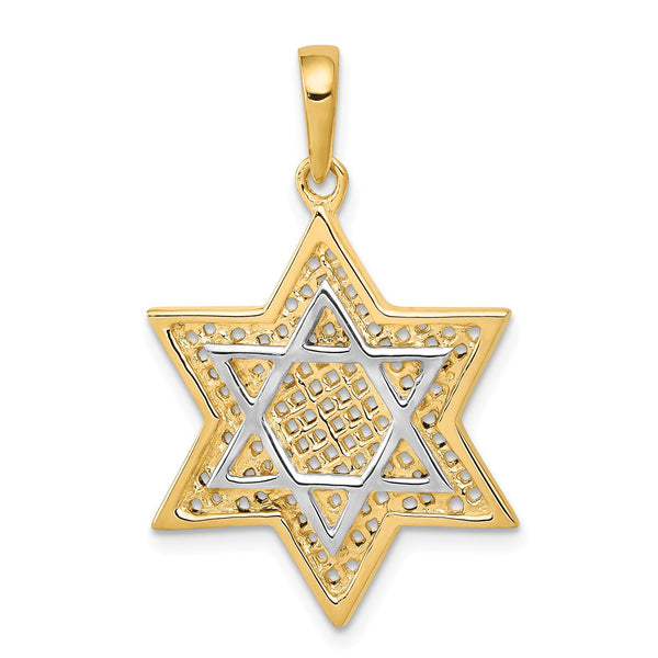 14k & Rhodium Solid Open-back Meshed Star of David Charm