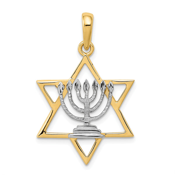14k & Rhodium Solid Menorah in Star of David Charm