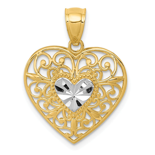 14KT Yellow Gold With Rhodium Plating 24X17MM Heart Filigree Pendant-Chain Not Included