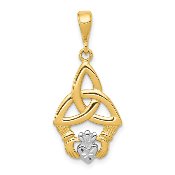 14KT Yellow Gold With Rhodium Plating 30X15MM Claddagh Pendant-Chain Not Included