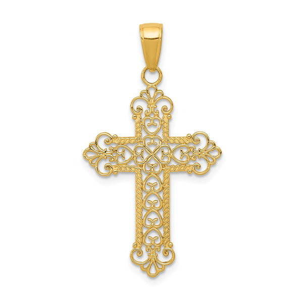 14KT Yellow Gold 36X19MM Fleur De Lis Cross Pendant-Chain Not Included
