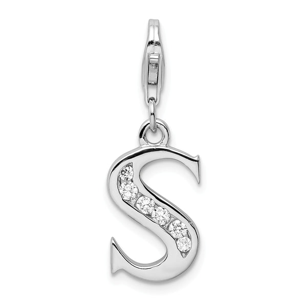 Sterling Silver Cubic Zirconia 12X24MM Lobster Clasp Initial Charm; Initial S