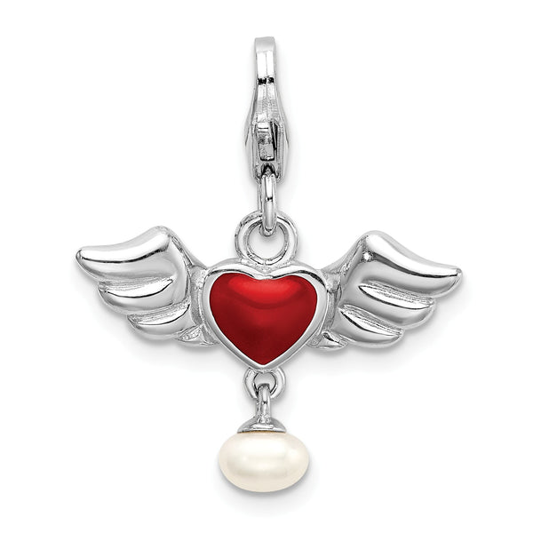 Sterling Silver 34X21MM Heart with Dangling Pearl Charm