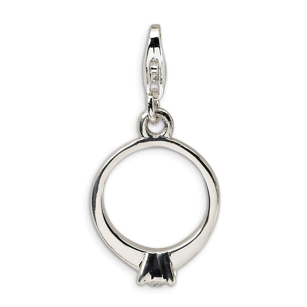 Sterling Silver Rhodium-Plated CZ Polished Ring w/Lobster Clasp Charm