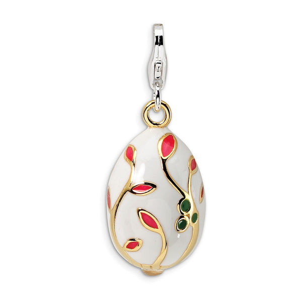 Sterling Silver 3-D Enameled Gold-plated White Egg w/Lobster Clasp Charm