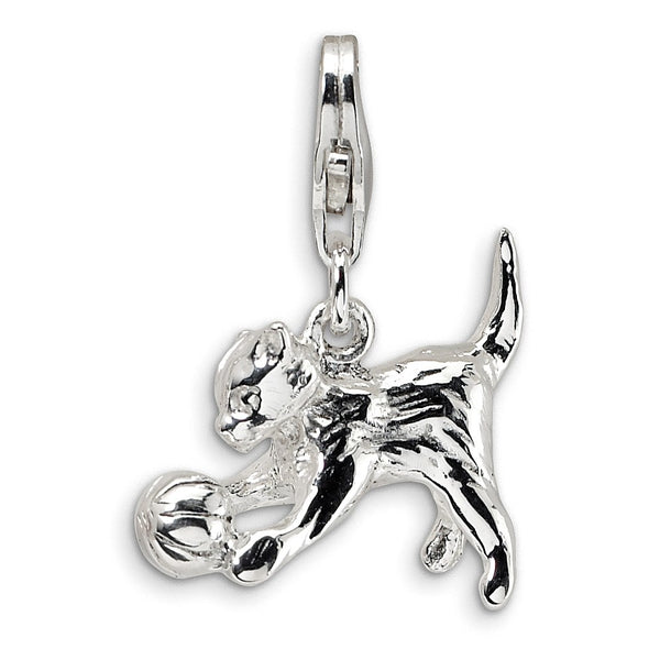 SS RH 3-D Polished Kitten & Ball w/Lobster Clasp Charm