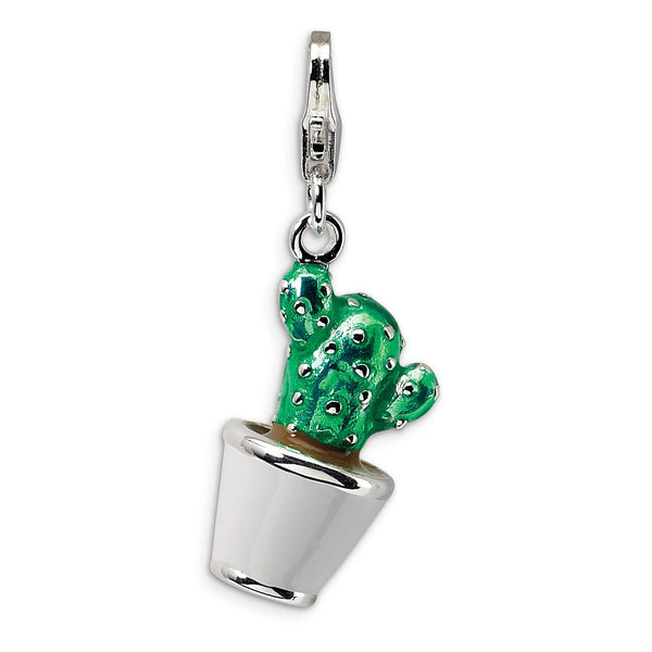 SS RH 3-D Enameled Potted Green Cactus w/Lobster Clasp Charm