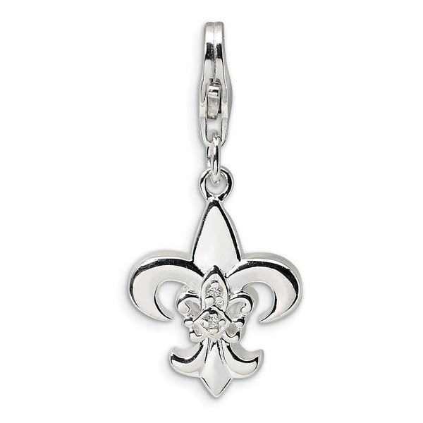 Sterling Silver Cubic Zirconia 35X12MM Lobster Clasp Fleur De Lis Charm