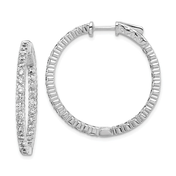 Sterling Silver 2.3MM Cubic Zirconia 27MM Safety Clasp In & Out Hoop Earrings