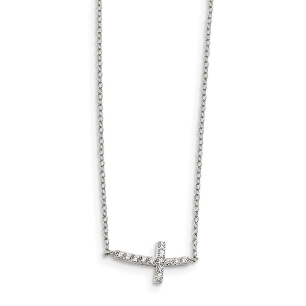 Sterling Silver with CZ Offset Sideways Cross w/ 2 IN EXT Necklace