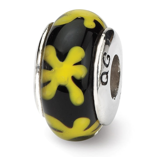 Sterling Silver Reflections Yellow/Black Hand-blown Glass Bead