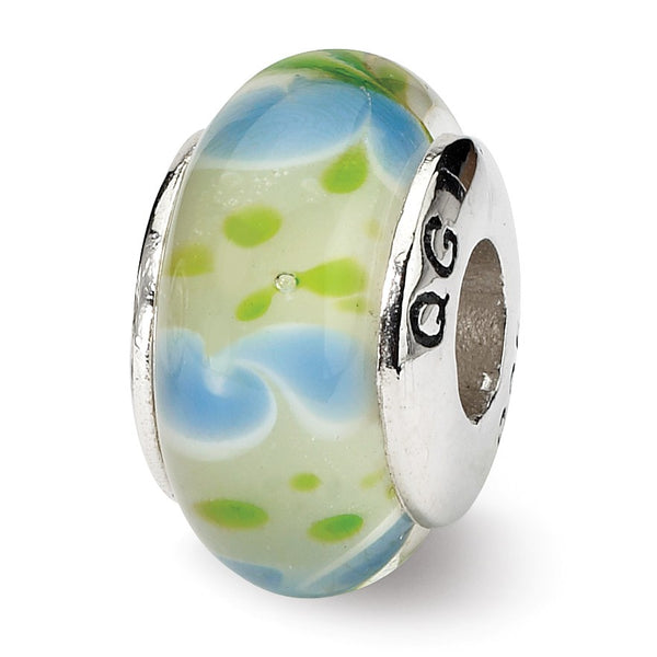 Sterling Silver Reflections Green/Blue Hand-blown Glass Bead