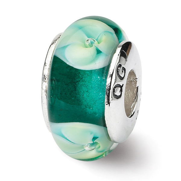 Sterling Silver Reflections Blueish Green Floral Hand-blown Glass Bead