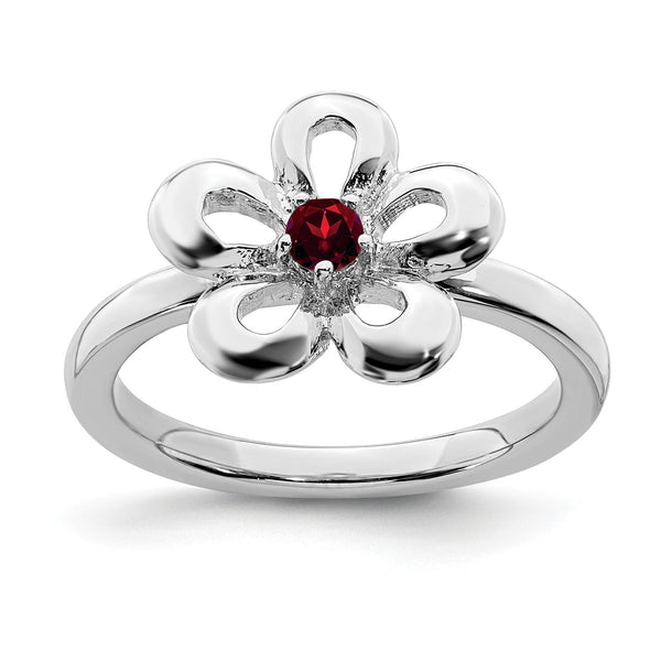 3MM Round Garnet 2.25MM Stackable Birthstone Ring in Sterling Silver; Size 7