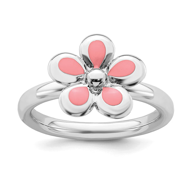 Sterling Silver 2.25MM Stackable Enamel Flower Ring; Size 7