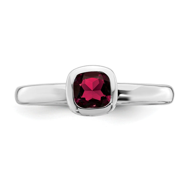 5MM Cushion Ruby 2.25MM Stackable Birthstone Ring in Sterling Silver; Size 7