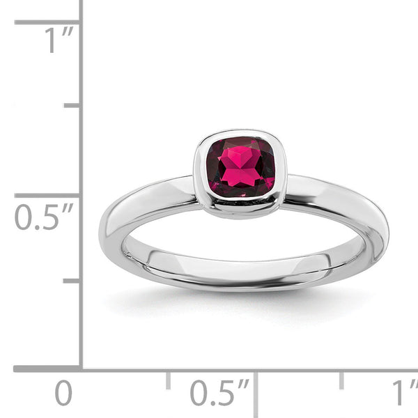 5MM Cushion Ruby 2.25MM Stackable Birthstone Ring in Sterling Silver; Size 7