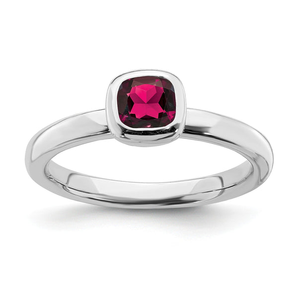 5MM Cushion Ruby 2.25MM Stackable Birthstone Ring in Sterling Silver; Size 7
