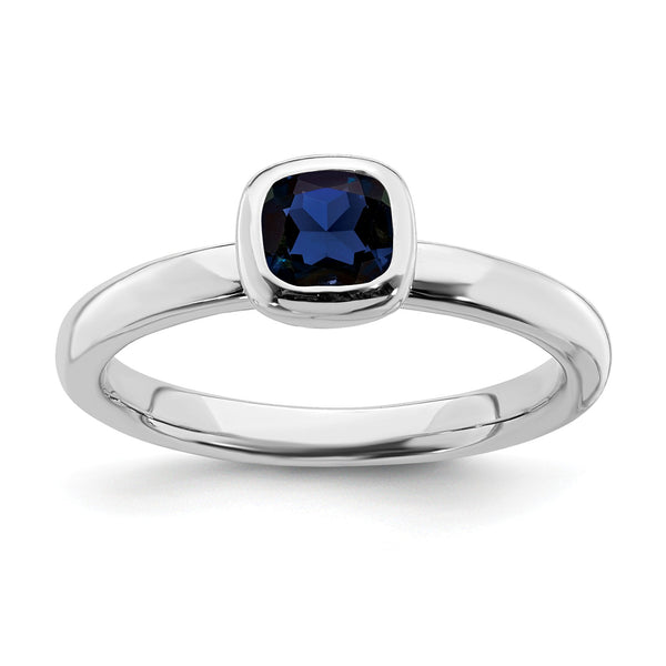 5MM Cushion Blue Sapphire 2.25MM Stackable Ring in Sterling Silver; Size 7