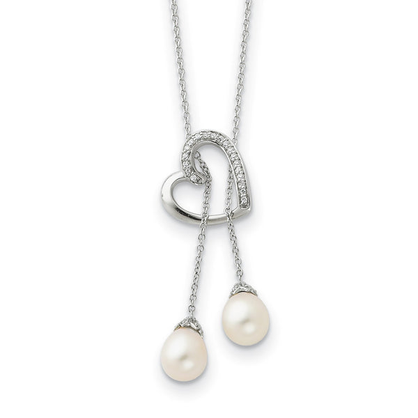 Pearl and Cubic Zirconia Heart 18" Necklace in Sterling Silver