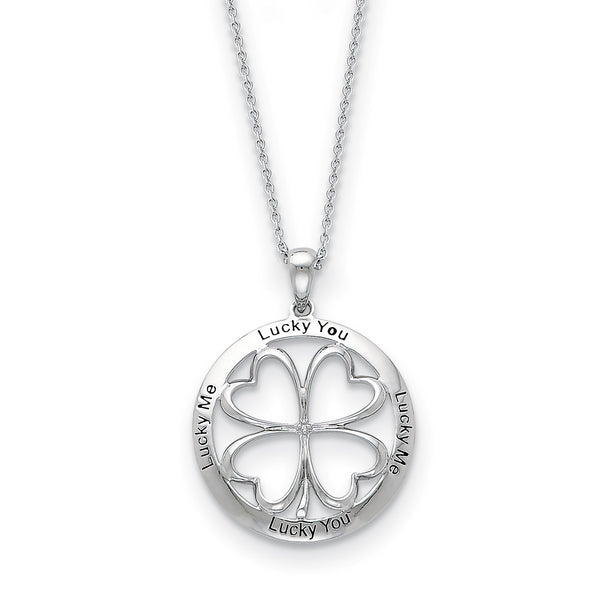 Sterling Silver CZ Antiqued Lucky Me Lucky You 18in Pendant