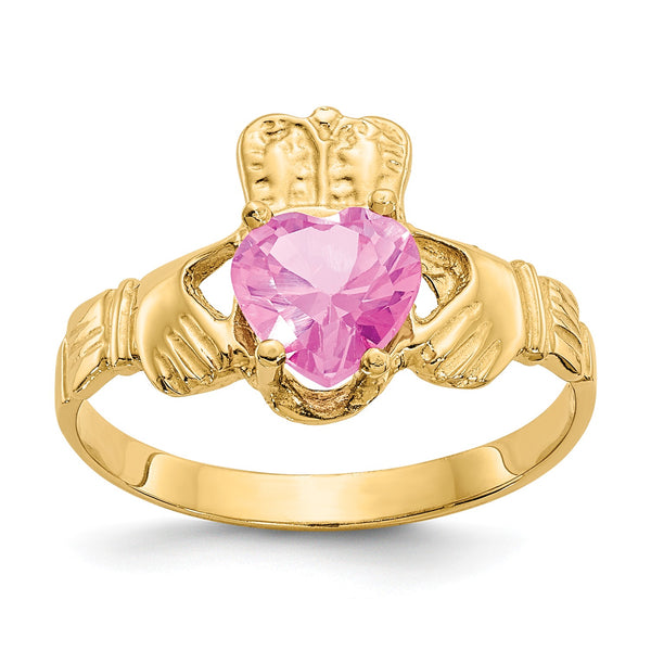 Heart Shape Cubic Zirconia Birthstone Claddagh Ring in 14KT Yellow Gold; Size 5