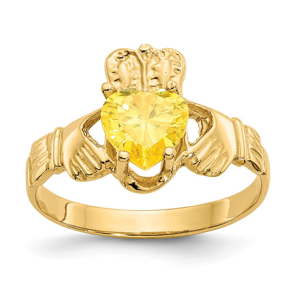Heart Shape Cubic Zirconia Birthstone Claddagh Ring in 14KT Yellow Gold; Size 5