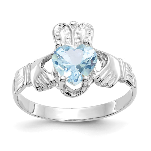 14KT White Gold Cubic Zirconia Birthstone Claddagh Ring; Size 5