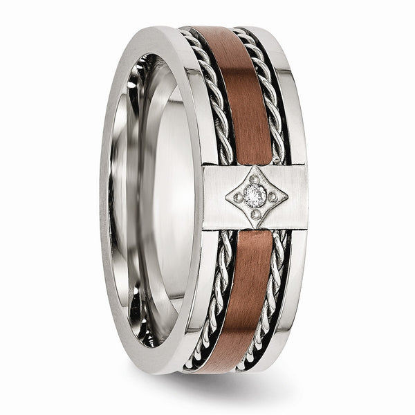 Stainless Steel Brushed Brown IP-plated w/Diamond 8mm Polished Band