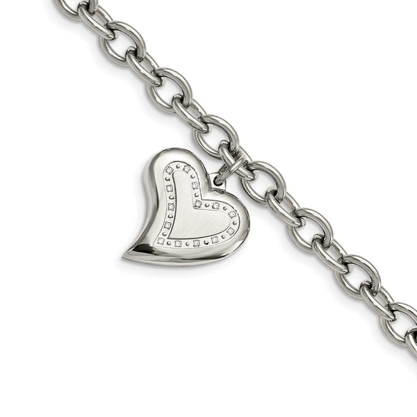 Stainless Steel Cubic Zirconia 7.5" Lobster Clasp Heart Charm Bracelet