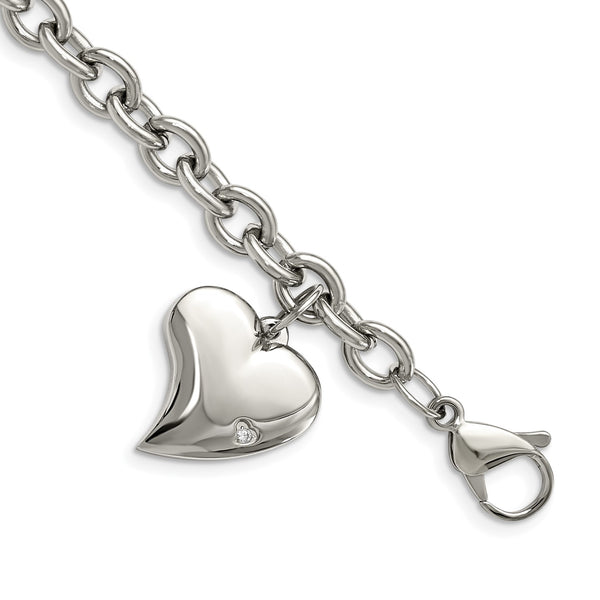 Stainless Steel Cubic Zirconia 7.5" Lobster Clasp Heart Charm Bracelet