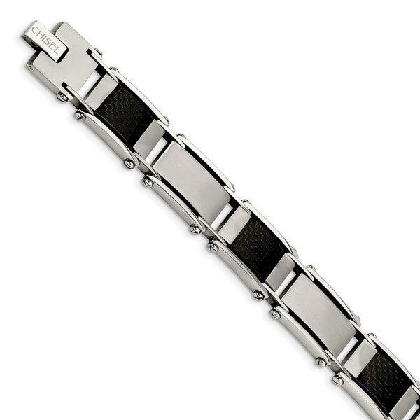 Stainless Steel Brushed & Polished Black Carbon Fiber Inlay 8.75in Bracelet