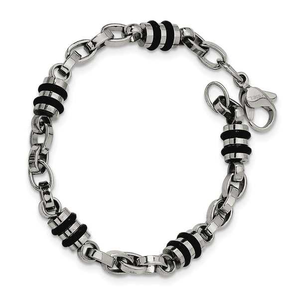Stainless Steel Rubber Accent Barrel Link 8in Bracelet