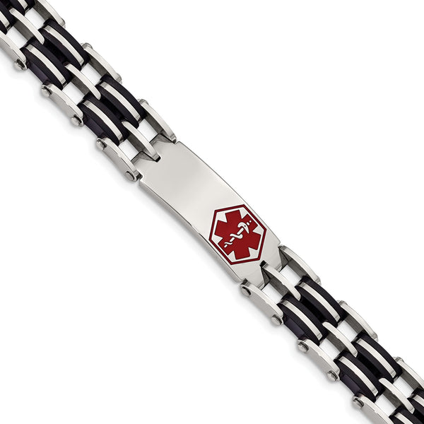 Stainless Steel Black Rubber Red Enamel 8.25in Medical Bracelet