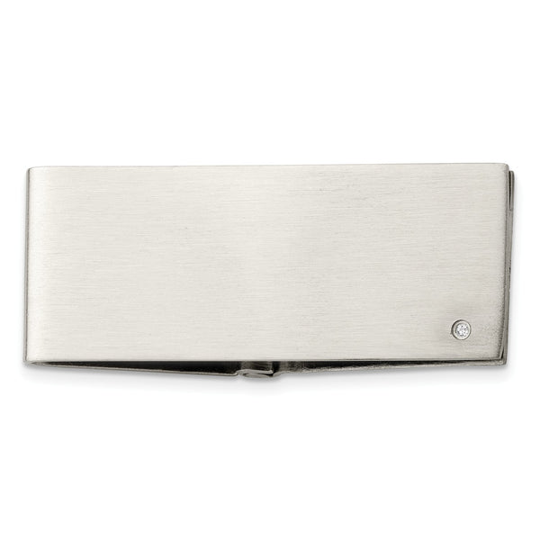 Stainless Steel Brushed Diamond Accent Hinged Money Clip