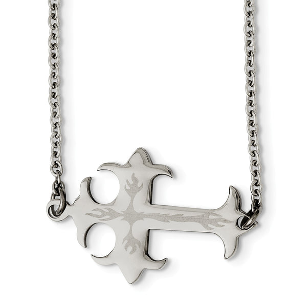 Stainless Steel Brushed & Polished Sideways Cross Necklace