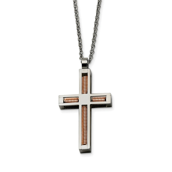 Stainless Steel Polished & Pink IP-plated Cross Necklace